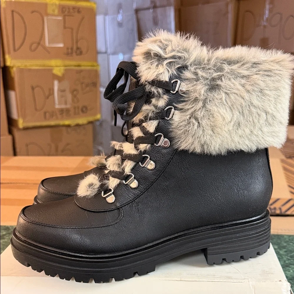 Sun + Stone Black Faux Fur-Trim Lace-Up Winter Ankle Boots